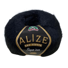 Alize Tiftik Süper İnce Simli El Örgü İpliği 50 gr Siyah