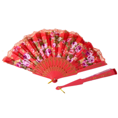Çiçek Desenli Katlanır Kumaş Yelpaze 23 cm Mavi