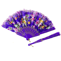 Çiçek Desenli Katlanır Kumaş Yelpaze 23 cm Mavi