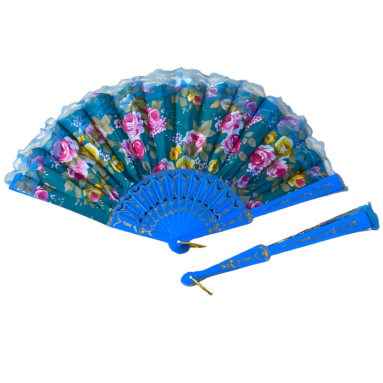 Çiçek Desenli Katlanır Kumaş Yelpaze 23 cm Mavi