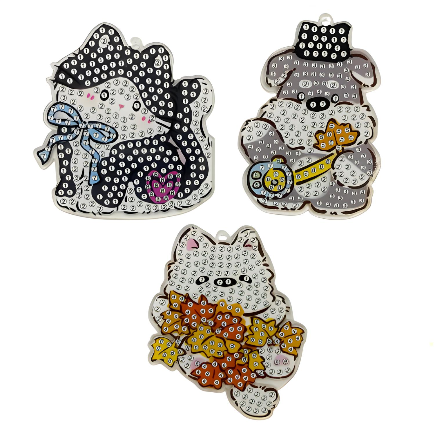 5D Yapışan Boncuk Anahtarlık 3'lü Set Kedi Köpek 6*7 cm